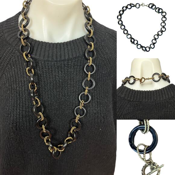 Chunky Chain Necklace 34" Faux Tortoise Shell and Metallic Circle Chain Career - Picture 1 of 4